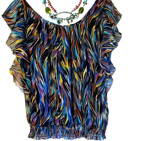Cato Tops - Cato Multicolor Ruffle Sleeve Blouse - Blue, Black, Yellow, Purple